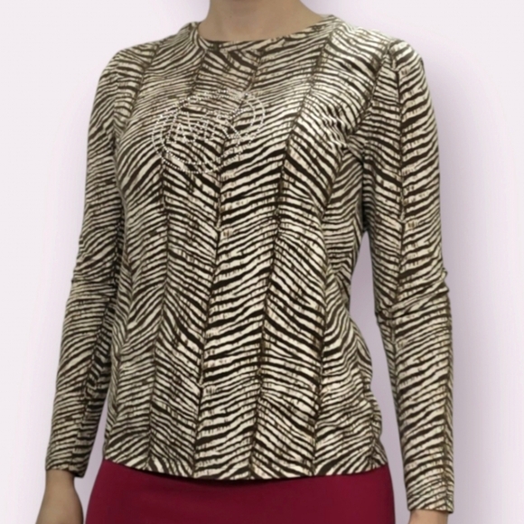 Michael Kors Zebra Rhinestone Top Size Medium Long Sleeve Hunter Green 95% Cotto - Picture 1 of 6